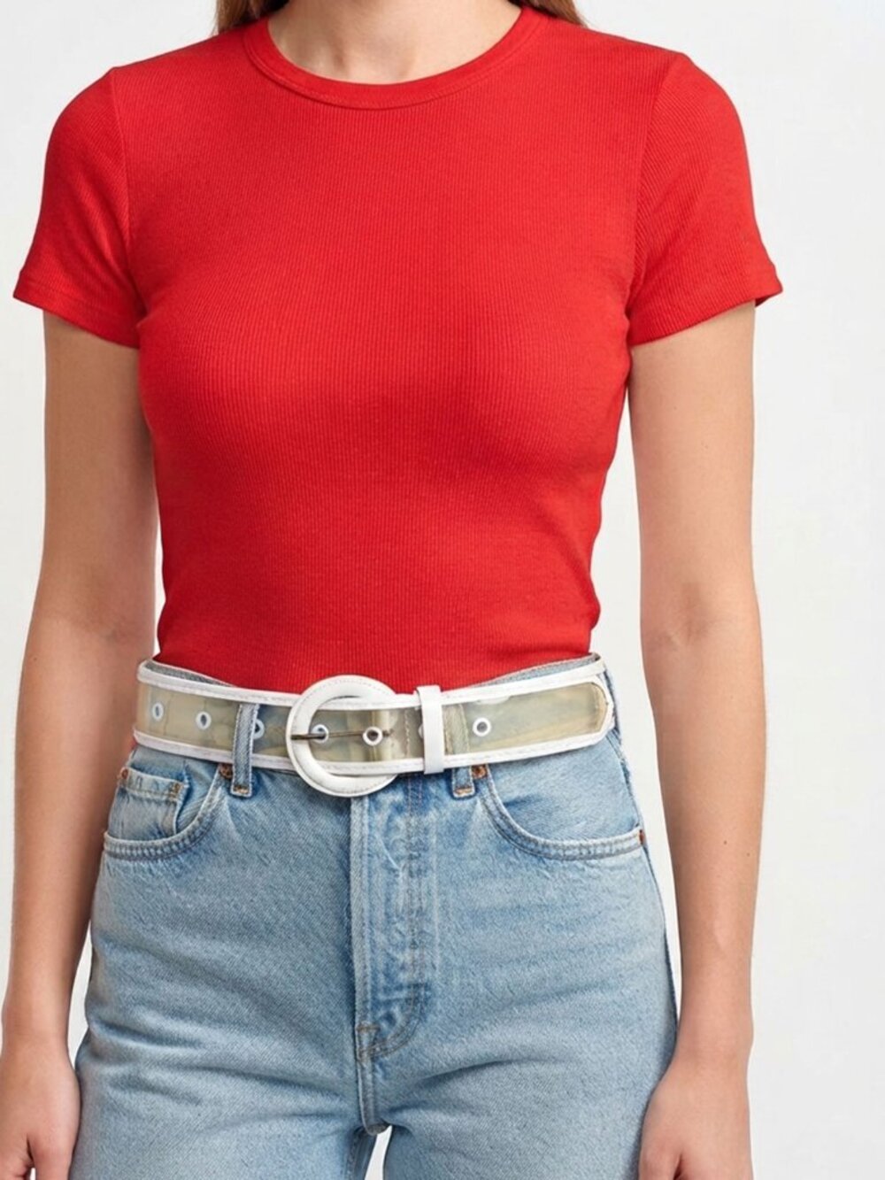 Y2K Clear & White Faux Leather Waist Belt Round Buckle Retro Vintage S/M